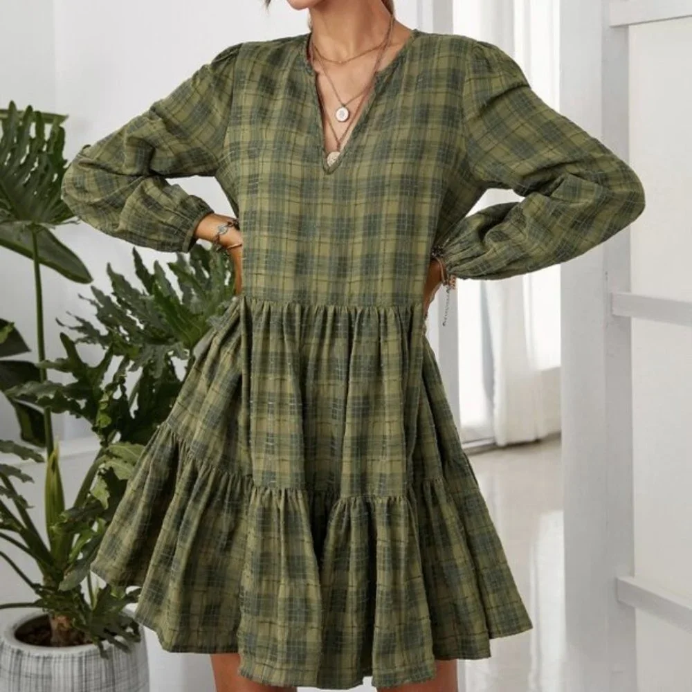 Plaid ruffle hem lantern sleeve dress GREEN - Picture 2 of 6
